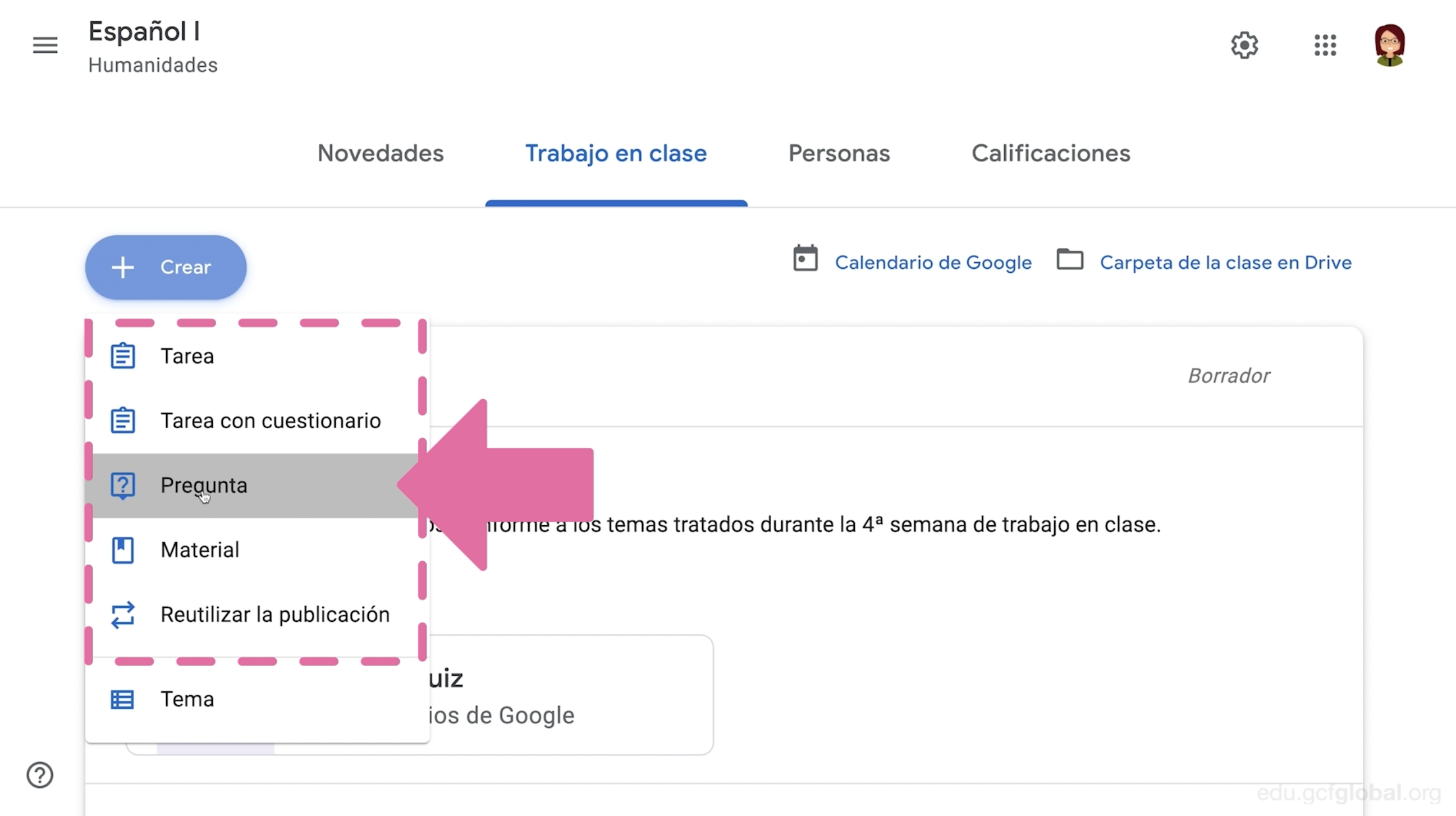 Hacer clic en opción Pregunta en Google Classroom